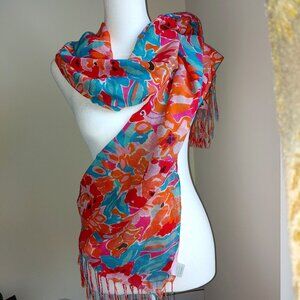 Lilly Pulitzer Silk Cashmere Blend Exotic Flowers Print Scarf 28"x70" Blue Pink